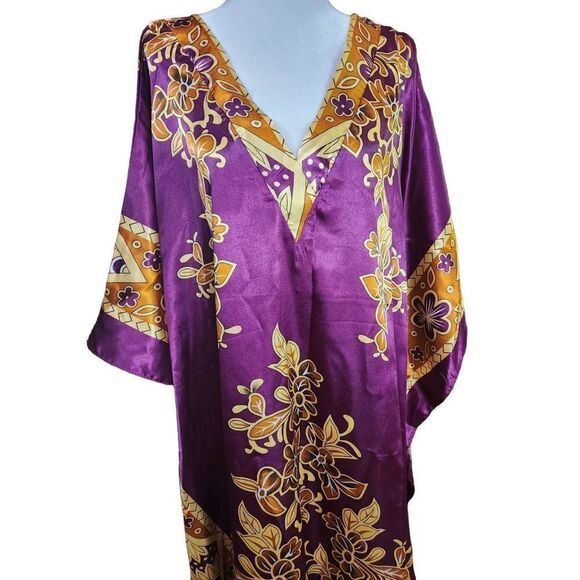 Purple & Gold Satin Kaftan Bohemian Boho Festival Hippy Maxi Pattern Print 70s - Picture 1 of 5
